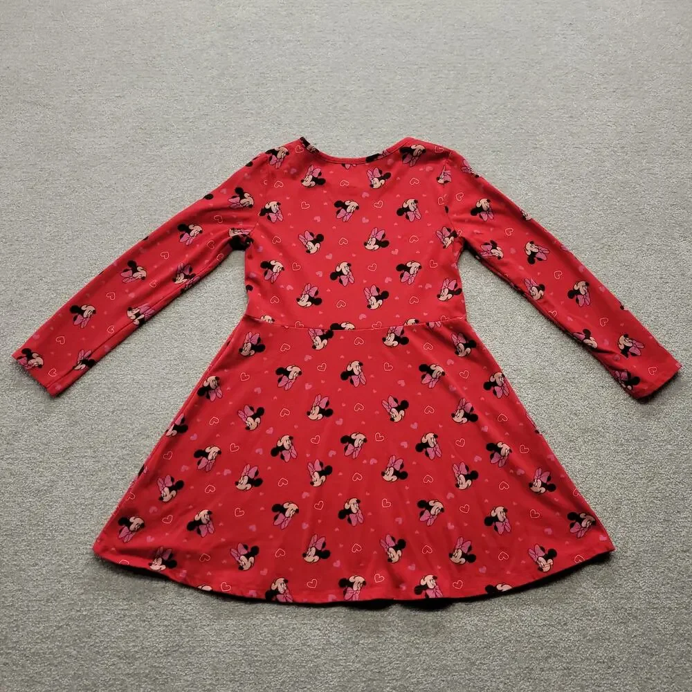 Disney Minnie Mouse Girls Size Medium 7/8 Red Pink Long Sleeve Skater Dress